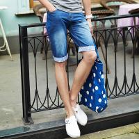 唐狮夏装牛仔裤 男格子布拼接基本款牛仔五...