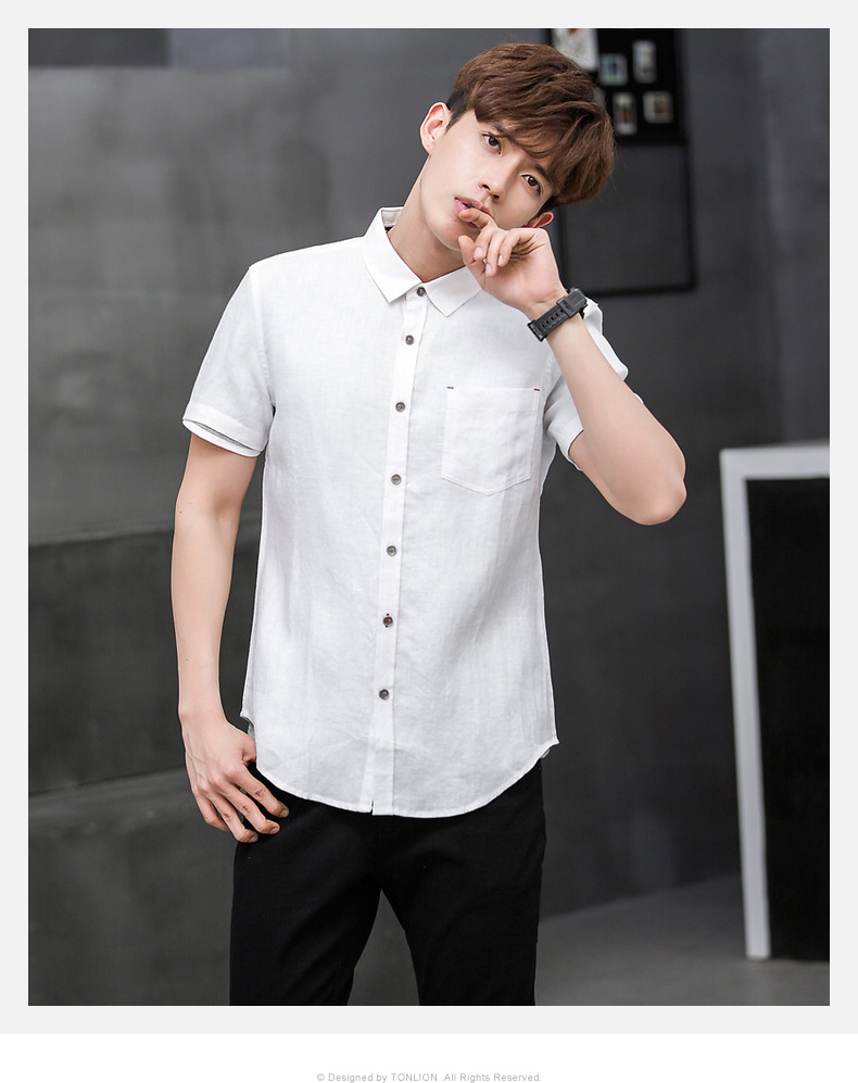 亚麻衬衫男短袖夏天新款青年宽松半袖短衬衫文艺简约气质白衬衫