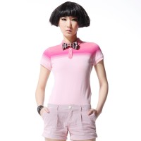 夏装 唐狮正品情侣款女渐变条纹翻领短袖p...