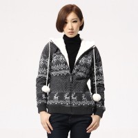 冬装 唐狮女式毛衣带帽针织印花开衫卫衣#...