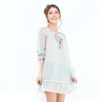 春装 唐狮女装田园碎花蕾丝花边圆领雪纺连...
